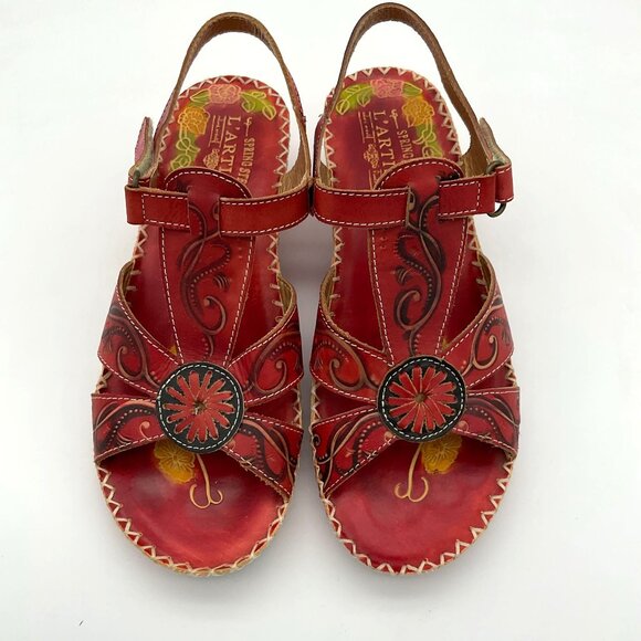 Spring Step L'ARTISTE Dinora Red Floral Wedge Stitched Imprinted Sandal  39/8.5 - Picture 6 of 11
